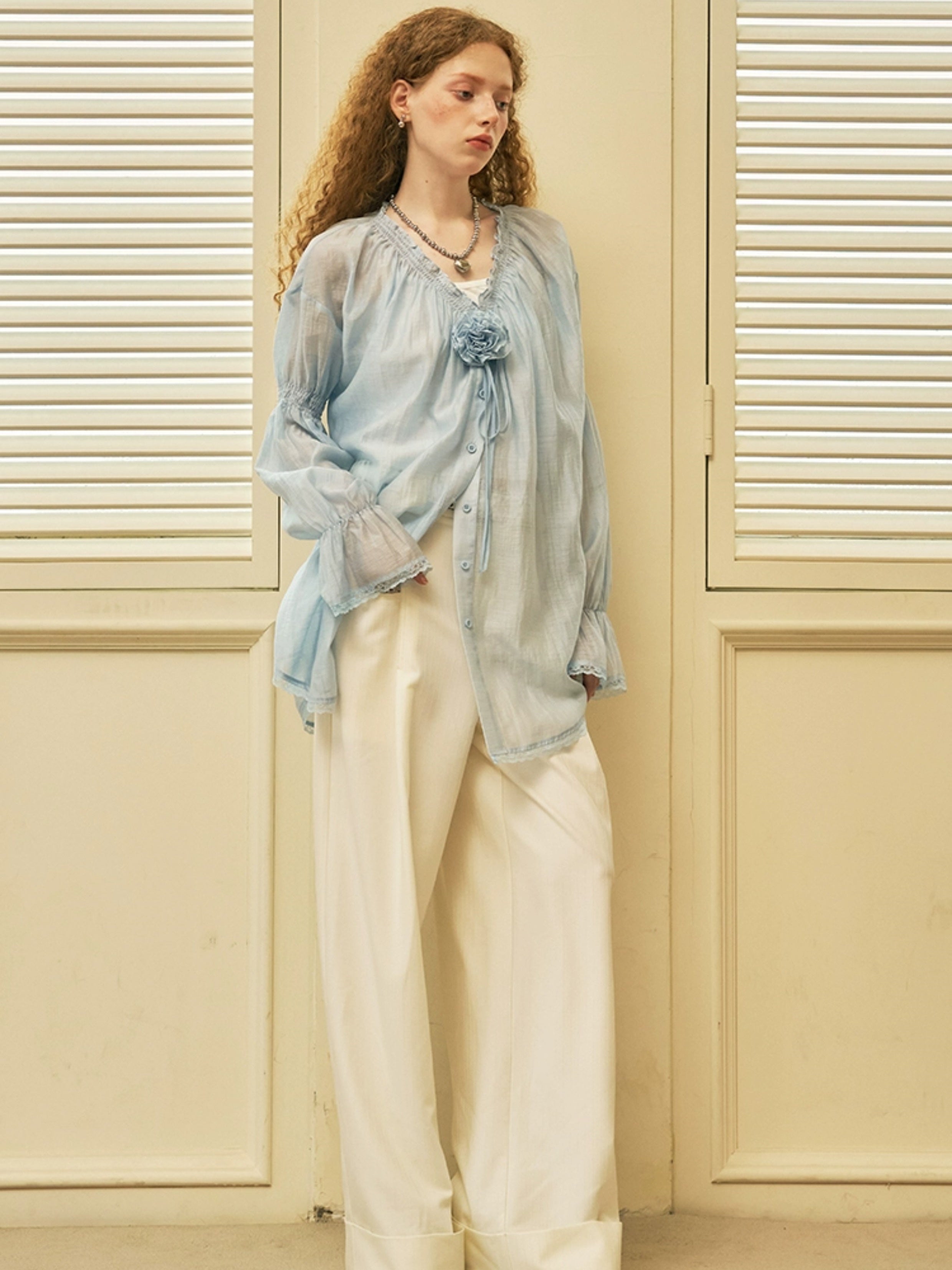 Gather V-Neck Lace Stitching Sheer Shirt