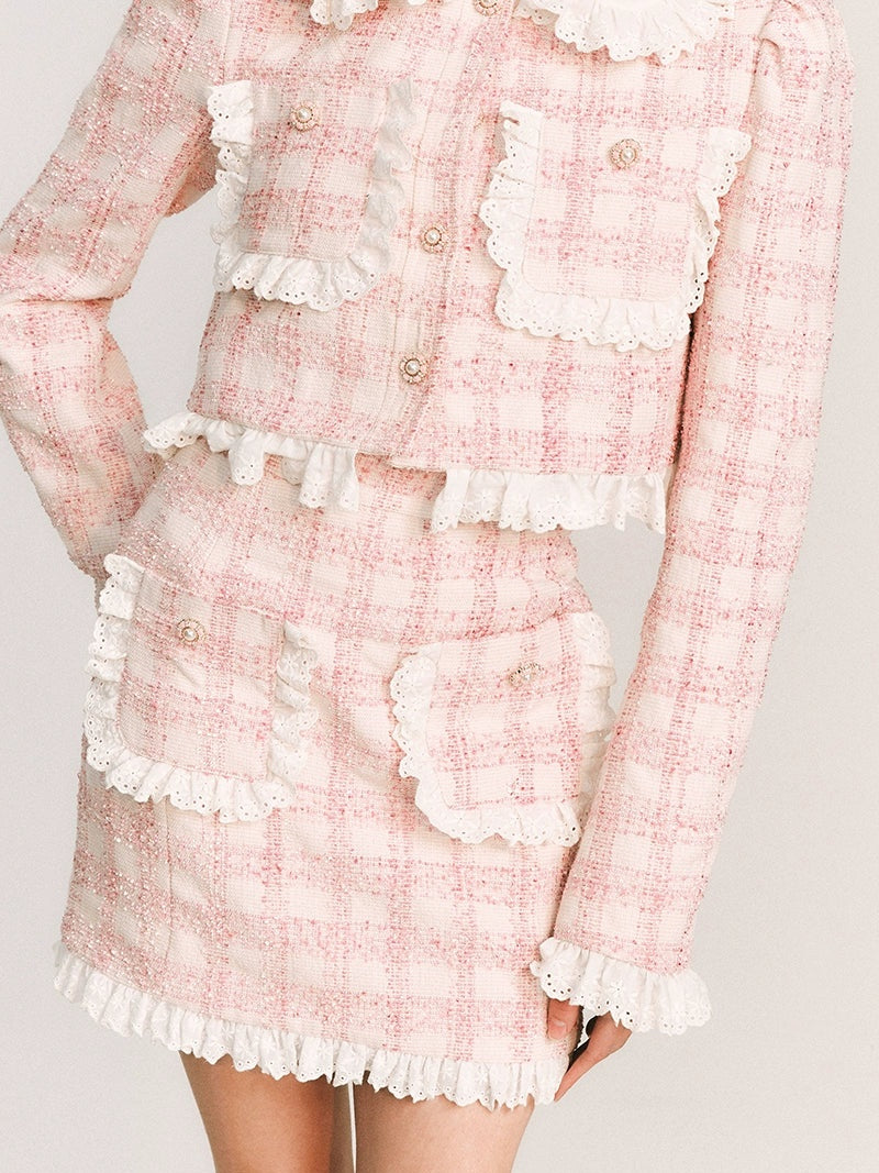 Lace Stitch Check Classical Jacket & Skirt