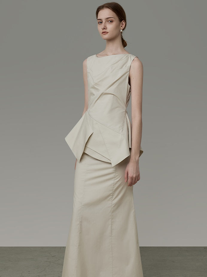 허리 비대칭 주름 디자인 소매가 상단