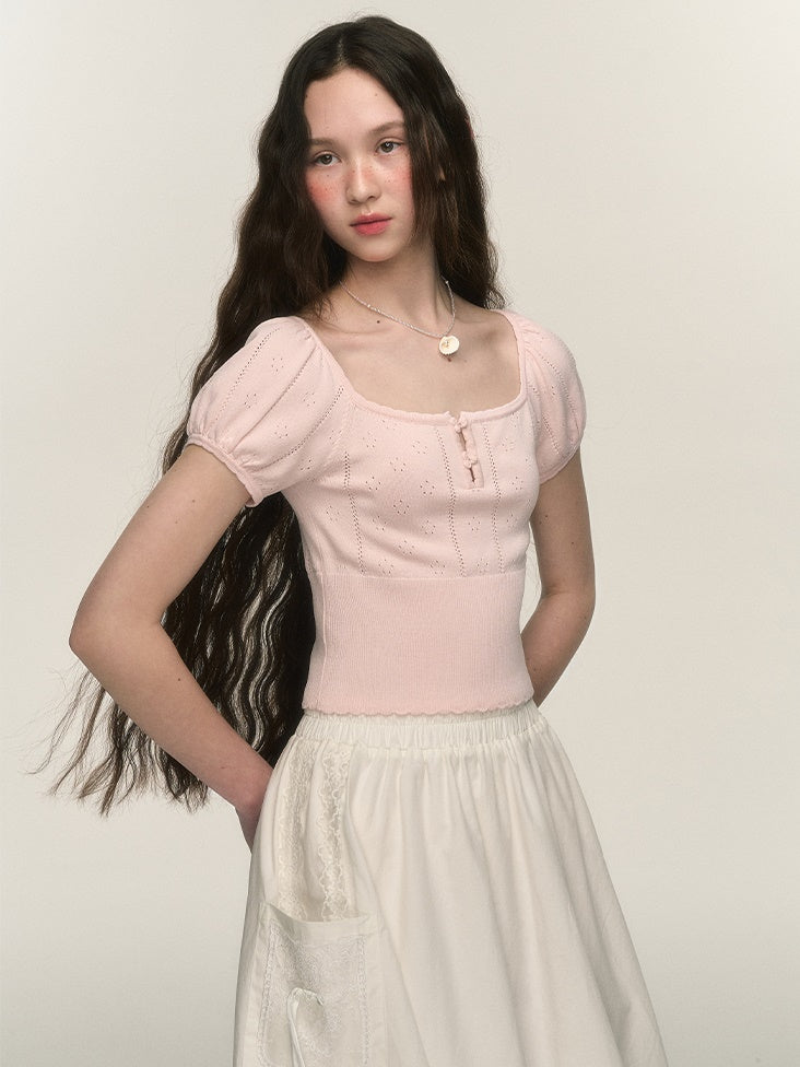 Square Neck Puff Sleeve Knitted T-shirt