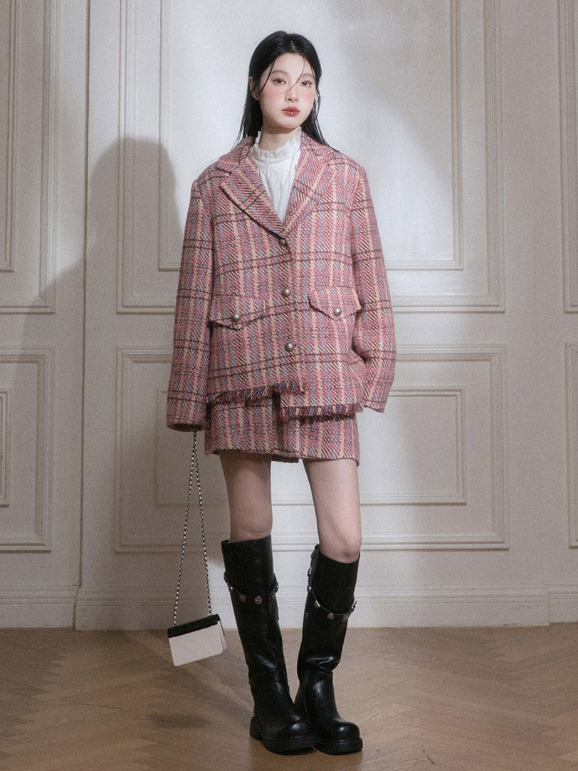 Plaid Tweed Asymmetry Design Jacket & Skirt