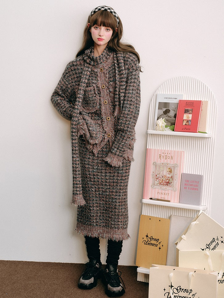 Knitted Fringe Cardigan Jacket With Stole & Long Skirt