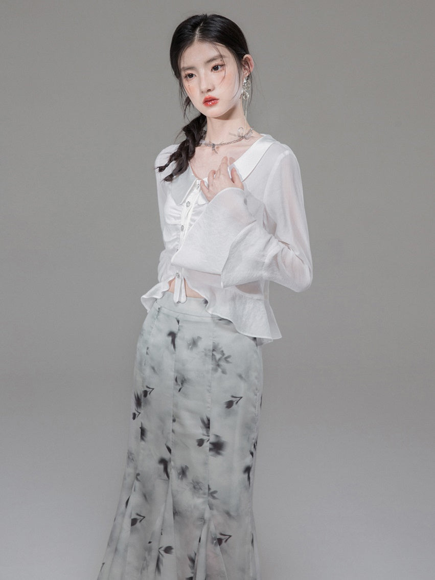 Tulip Mist Ash Ruffled Sleeveless Top & Irregular Hem Skirt Set-up