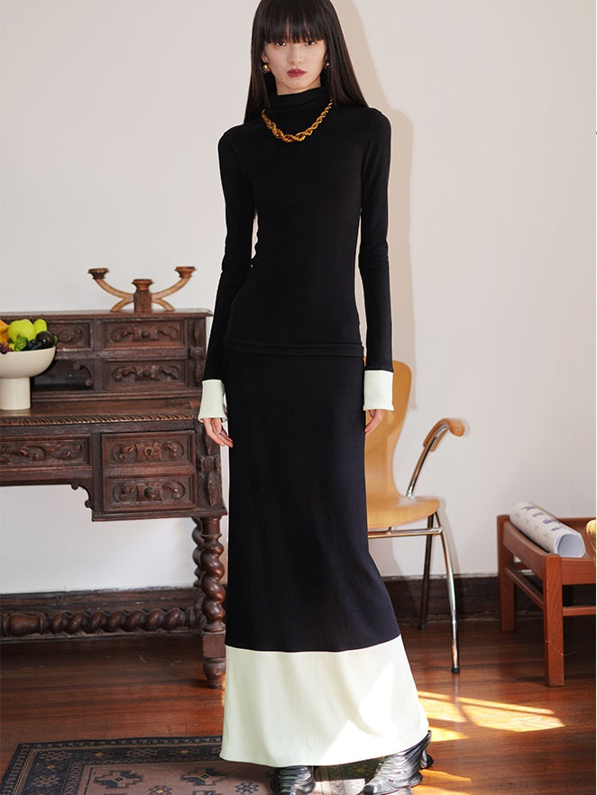 대비 컬러 긴 해협 치마