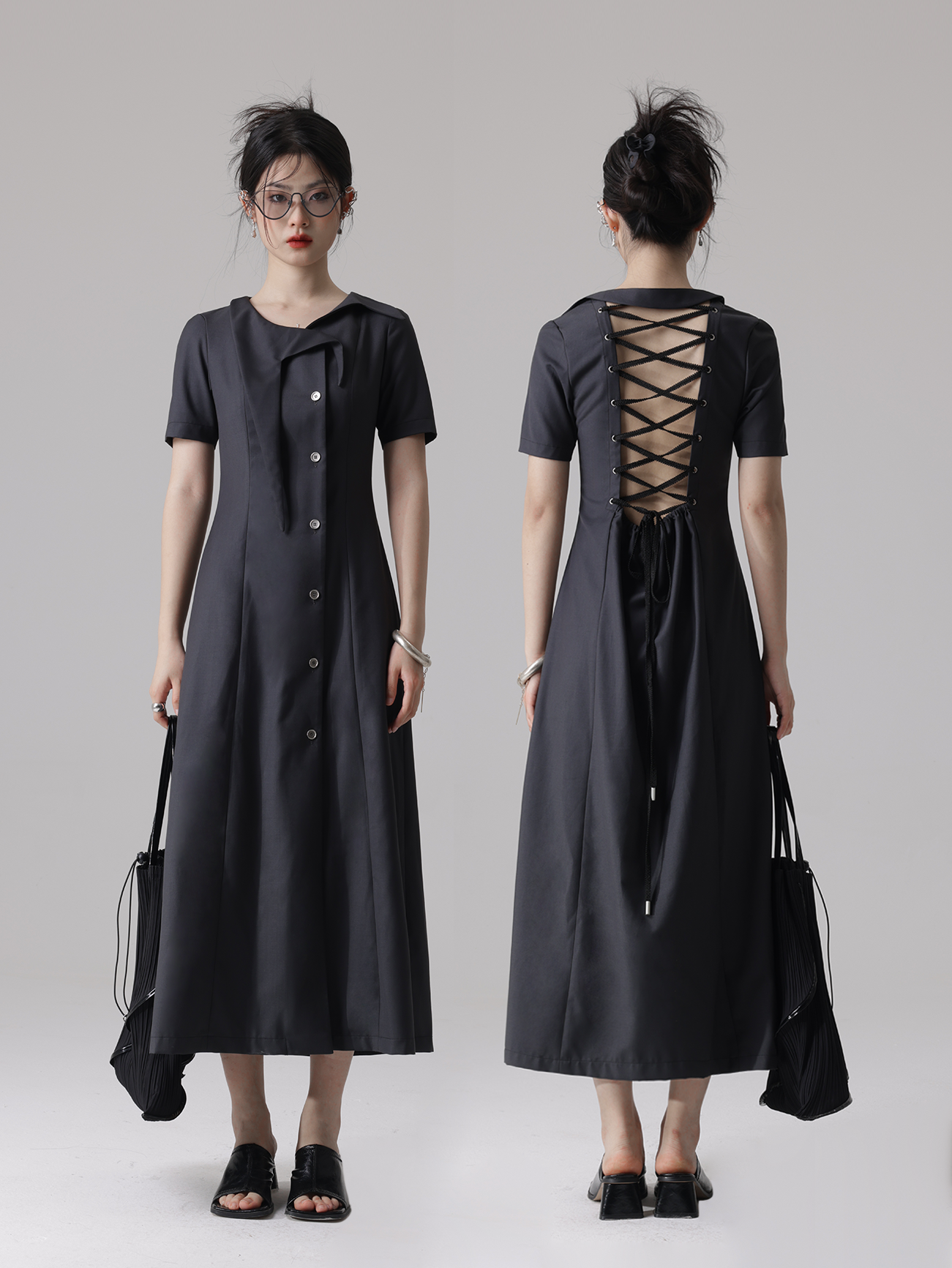 Futuristic Backless Lace-up Asymmetry Collar Dress