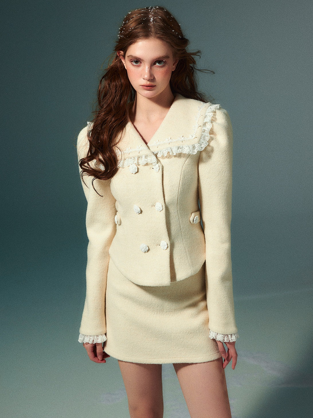 Lace Navy Collar Double-Blest Jacket & Skirt