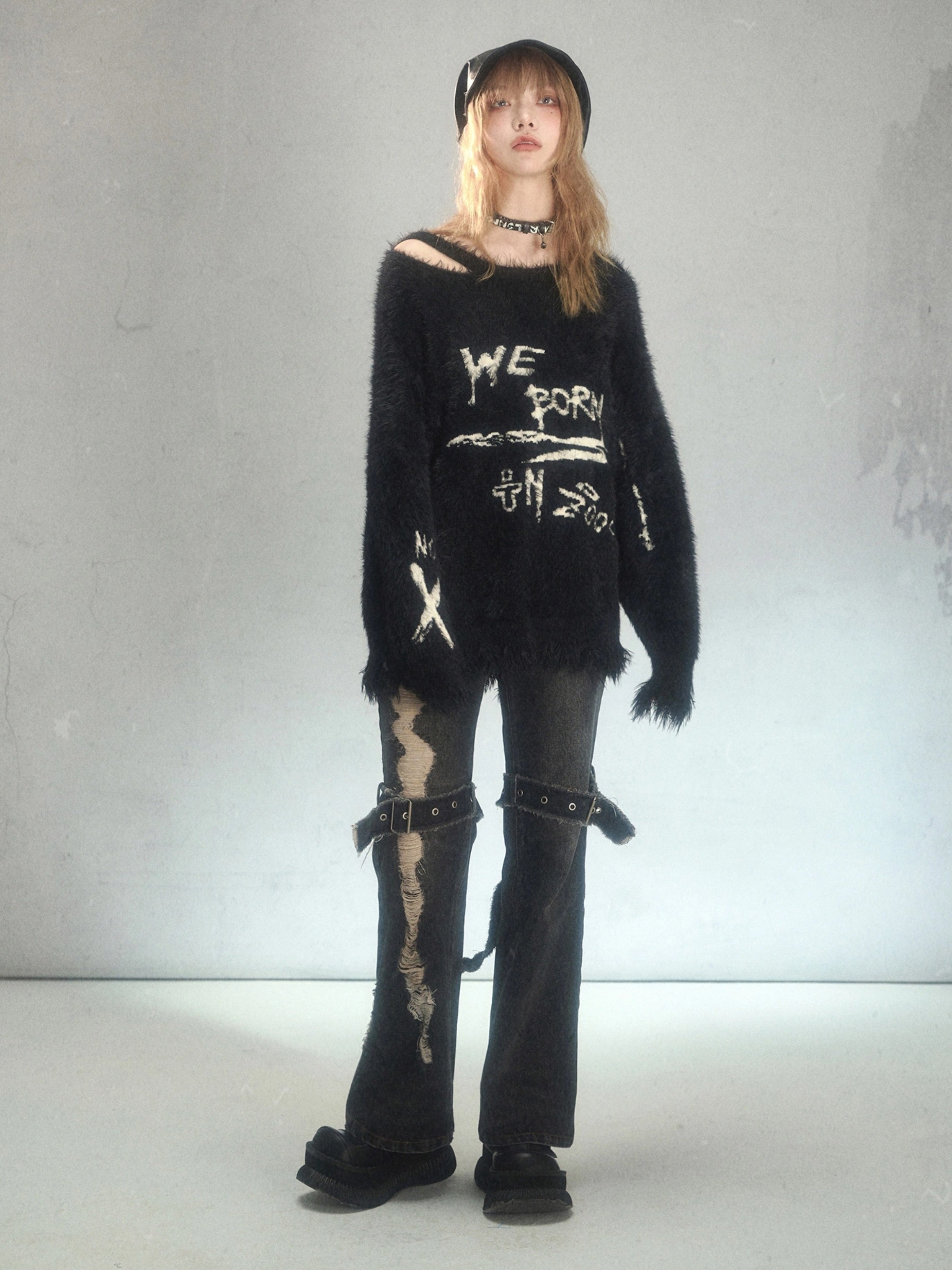 Punk Raw Edge Ripped Holes Flared Denim Trousers