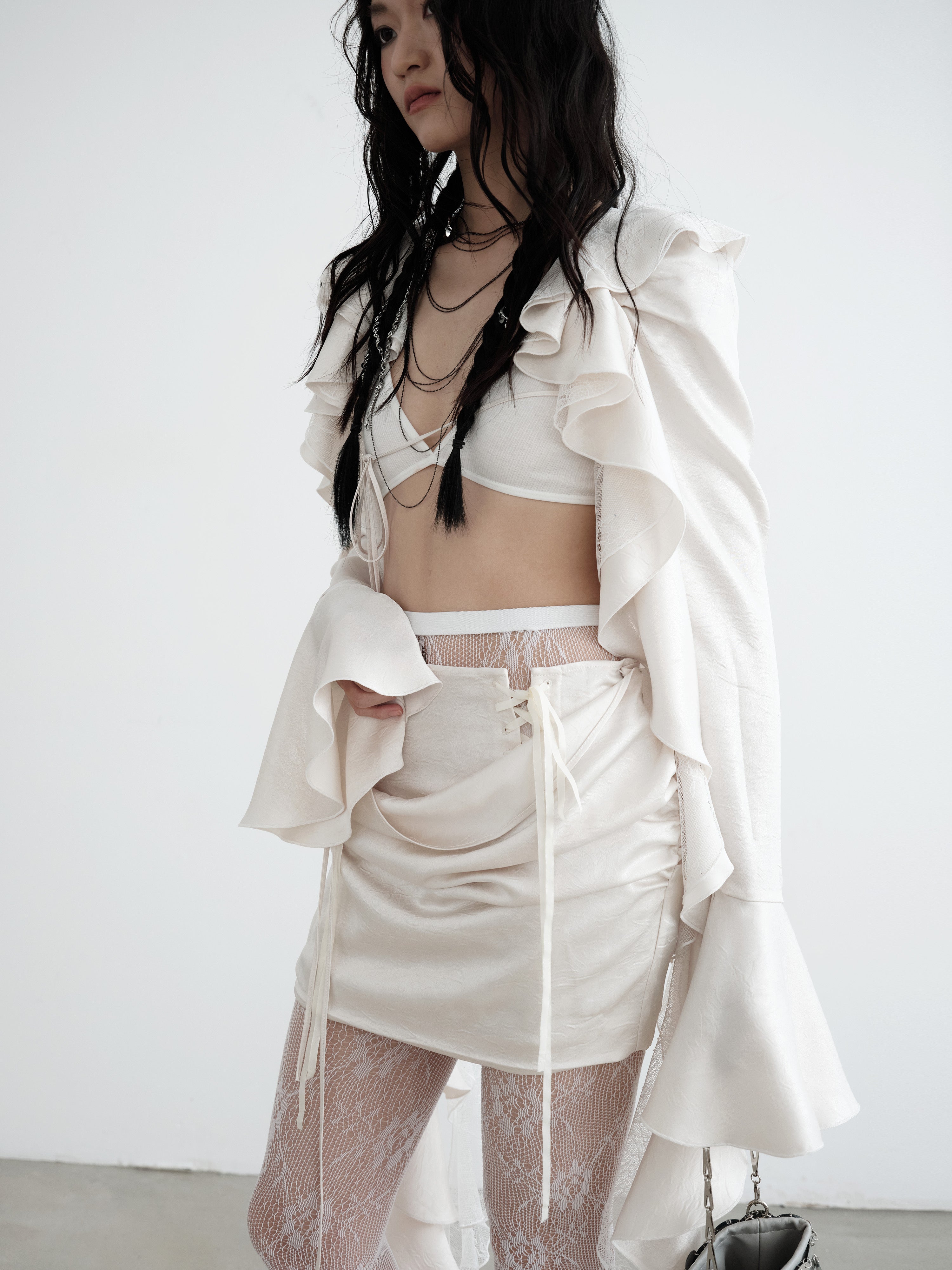 Ruffled Cardigan & Lace-Up Skirt Set-up