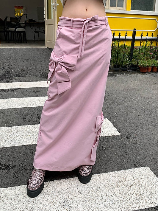 Ribbon Low-waist Tooling Long Skirt