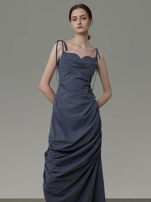Curved Neckline Drape Suspender Dress