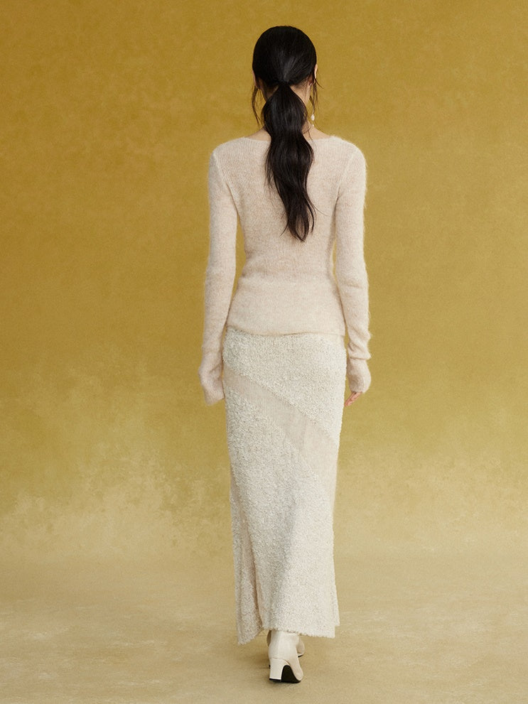 스티칭 비대칭 니트 긴 치마