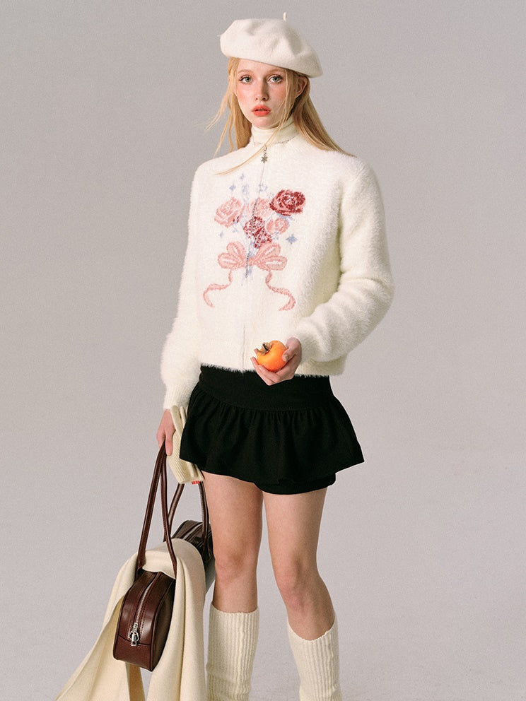 Jacquard Rose Bow Blipper Tripted Cardigan