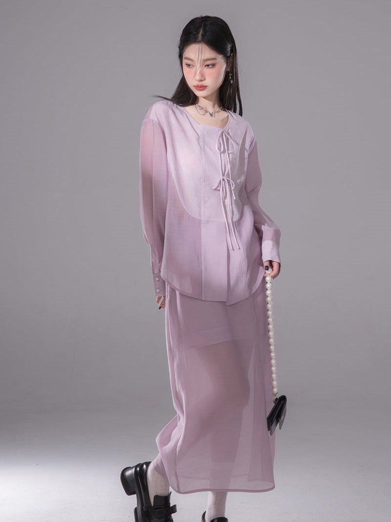 No Collar Sunscreen Shirt & Sheer Skirt