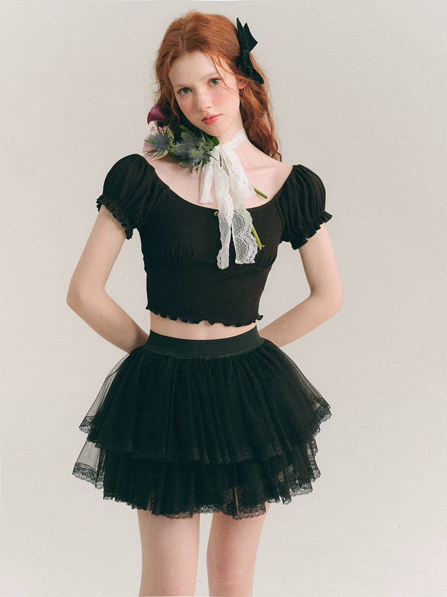 Puff Sleeve Square Neck Short T-Shirt