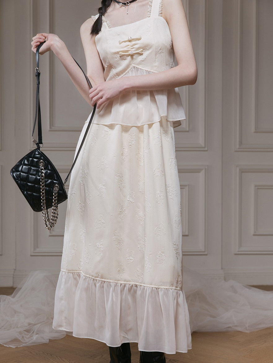 Jacquard Gauze Switching Camisole Top & Ruffle Skirt Set-up