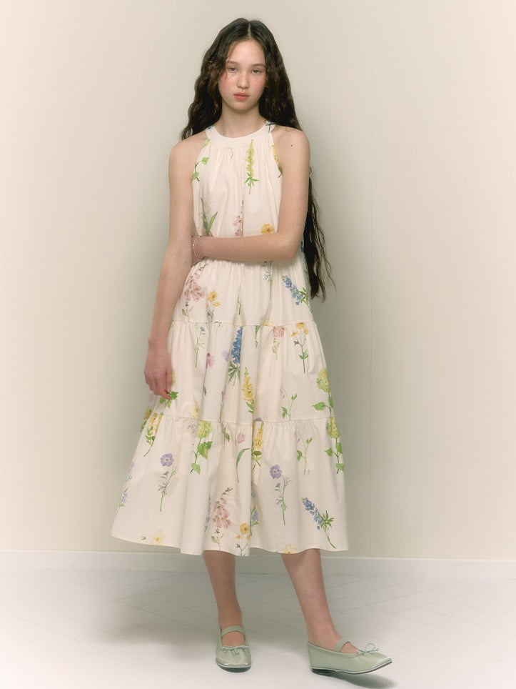 French Retro Girly Print Pleated A-line Halterneck Long Dress