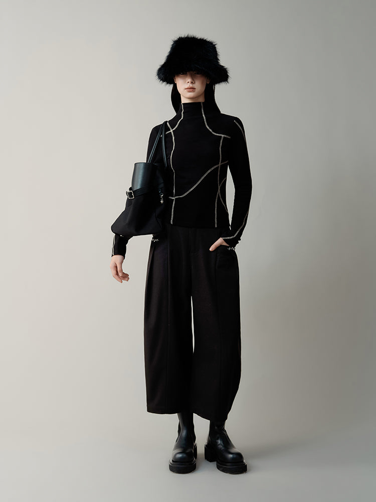 High Neck Asymmetric Contrast Color Line Cutsew