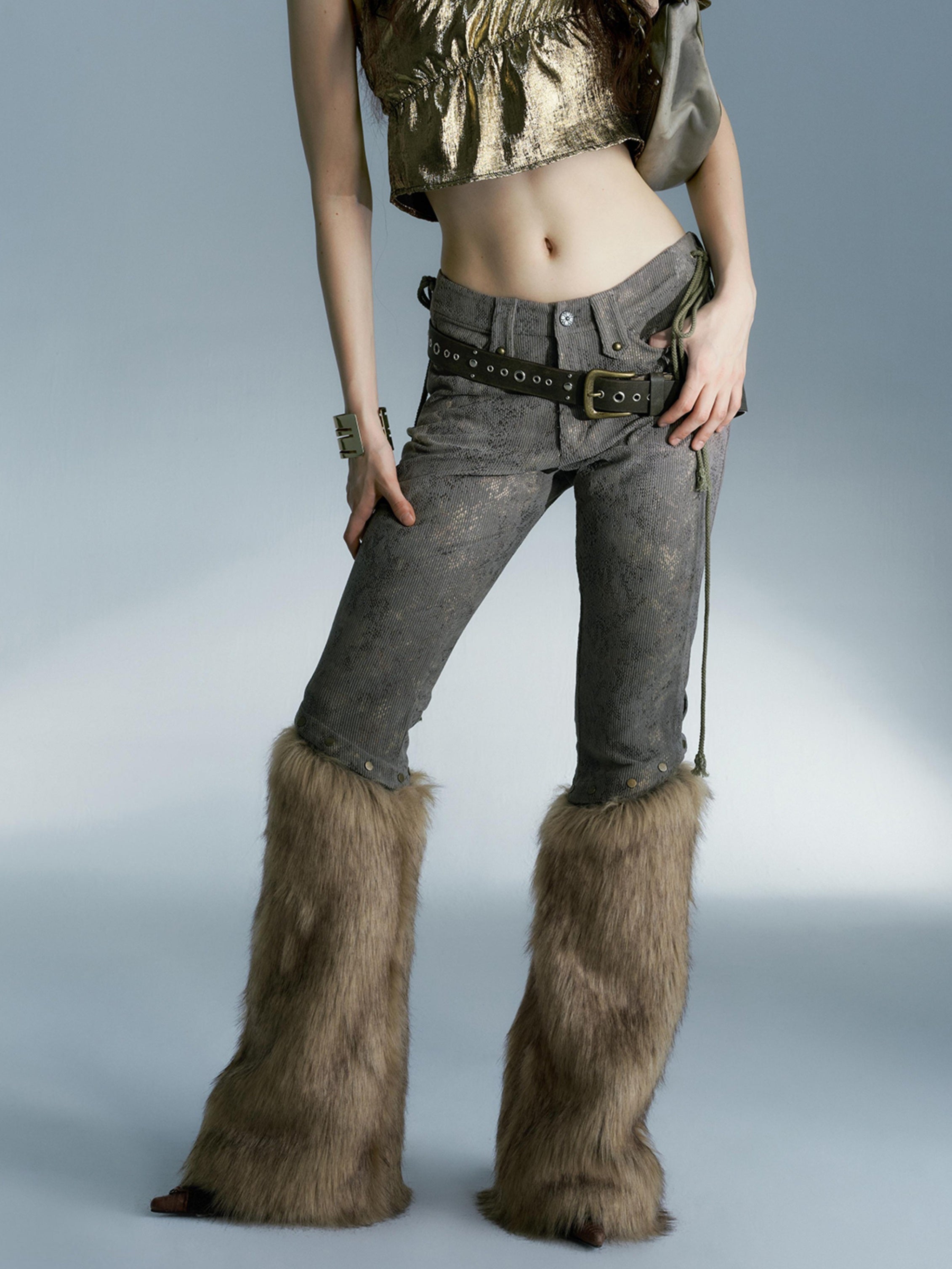 Removable Fur Splicing Snake Pattern Cropped Pants