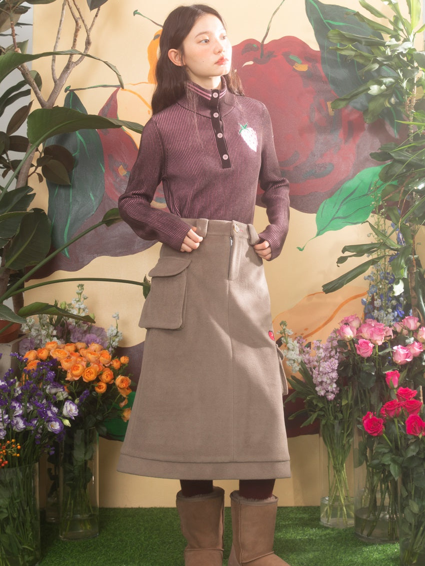 Cherry Embroidered Double Button Coat & Skirt