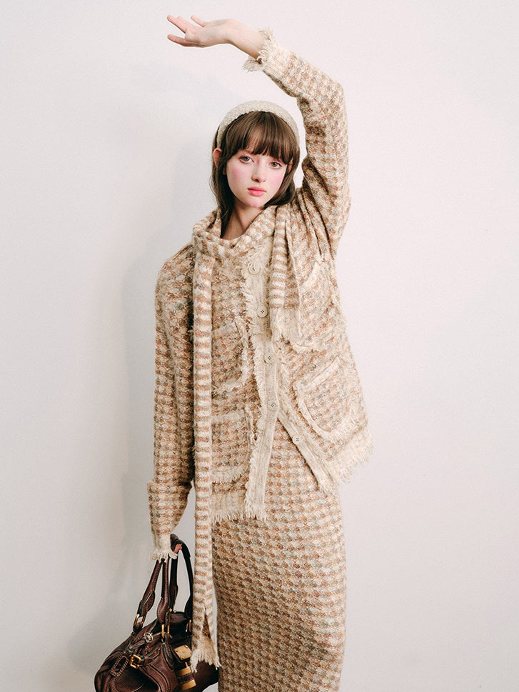 Knitted Fringe Cardigan Jacket With Stole & Long Skirt