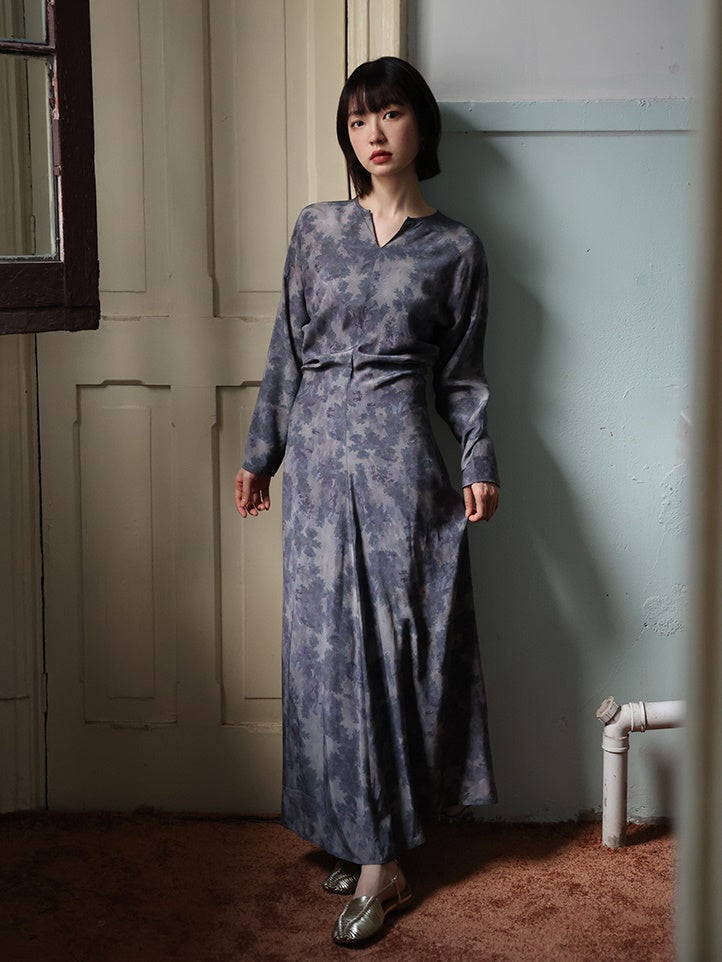 Printed Key-neck Long Dress – ARCANA ARCHIVE