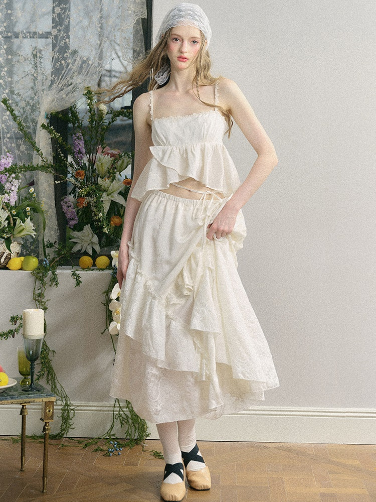 Embroidered Jacquard Ruffled Sling & Asymmetry Skirt