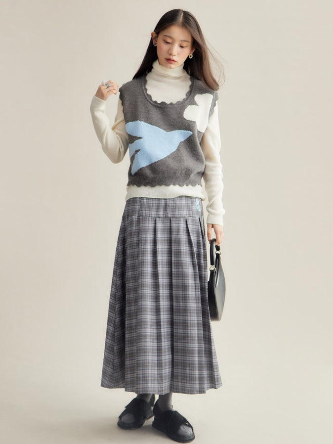 체크 무늬 튤립 자수 주름 치마