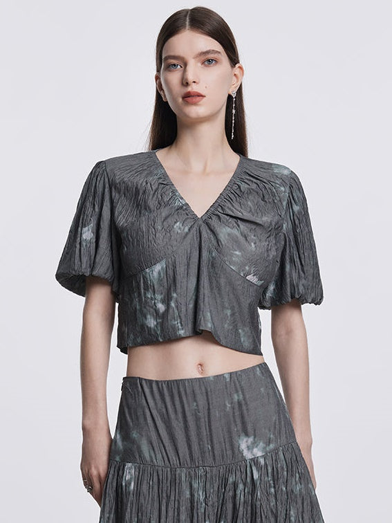 Tie-dye V-Neck Puff Sleeve Top & Gather Long Skirt