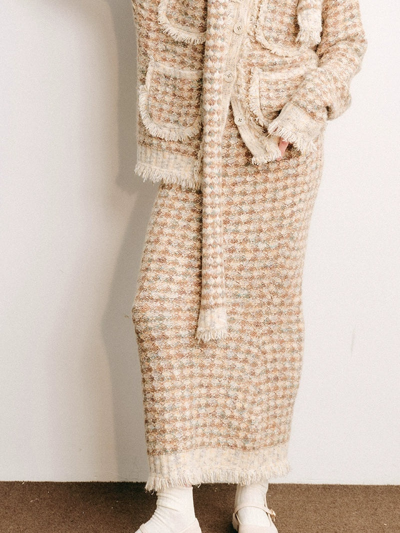 Knitted Fringe Cardigan Jacket With Stole & Long Skirt
