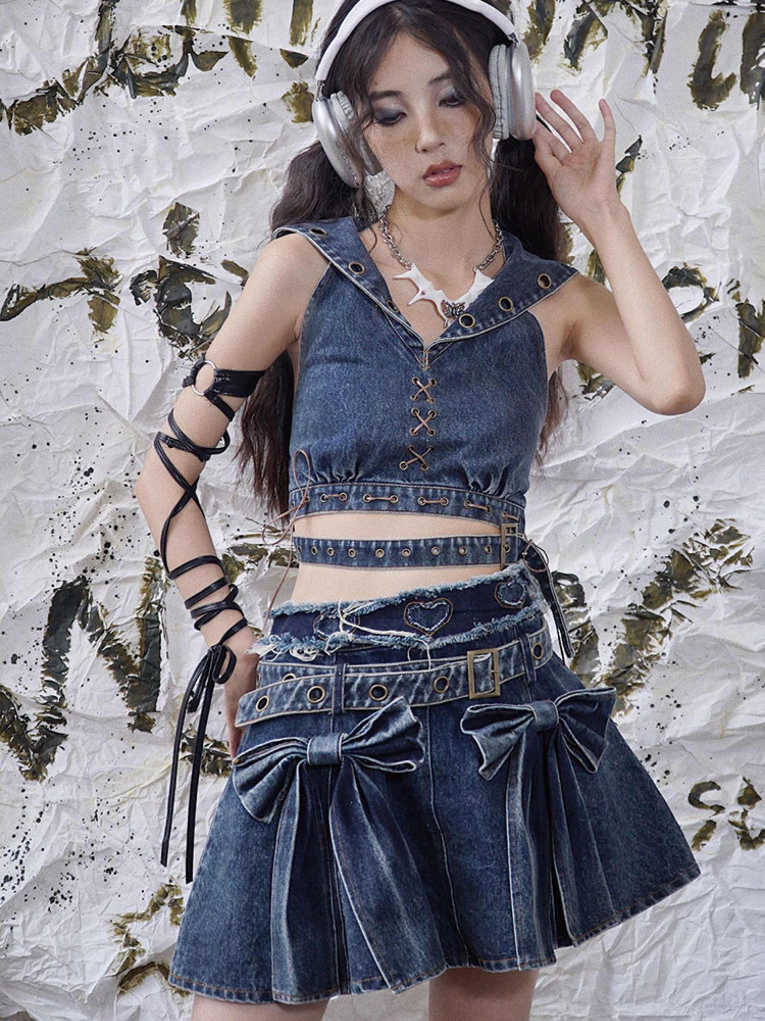 Niche Big Ribbon Flare Denim Skirt