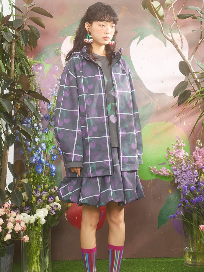 Gradient Cherry Plaid Printed Hooded Windbreaker Jacket & Flower Bud Skirt