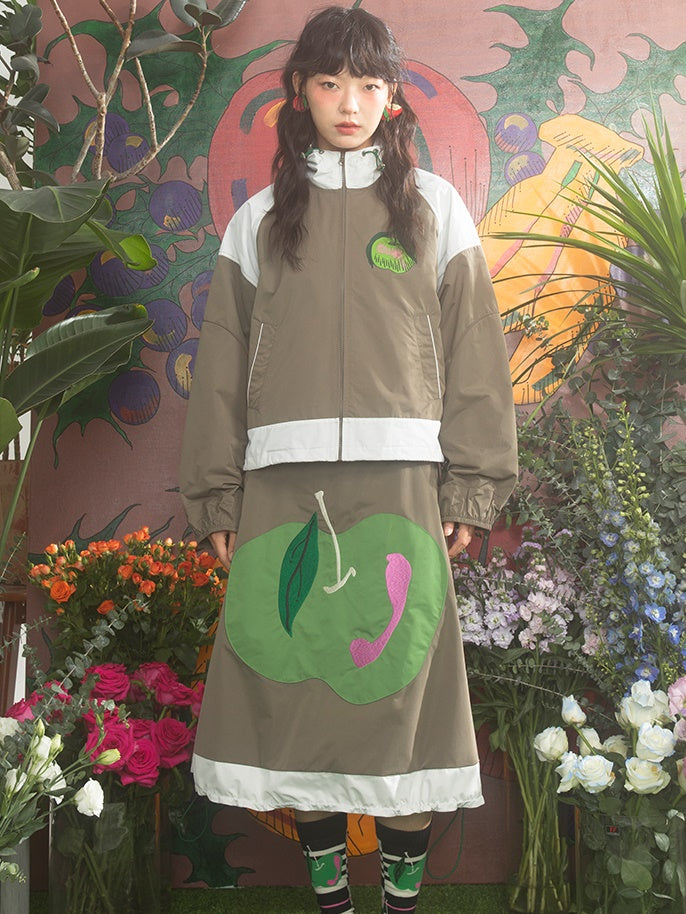 Contrast Stitching Hooded Windbreaker & Patchwork A-Line Skirt