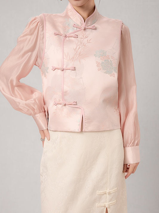 Chinese Style Jacquard Stand Collar Vest & Sheer Top Set-up