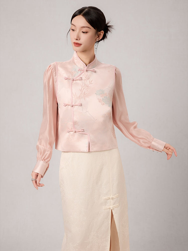 Chinese Style Jacquard Stand Collar Vest & Sheer Top Set-up