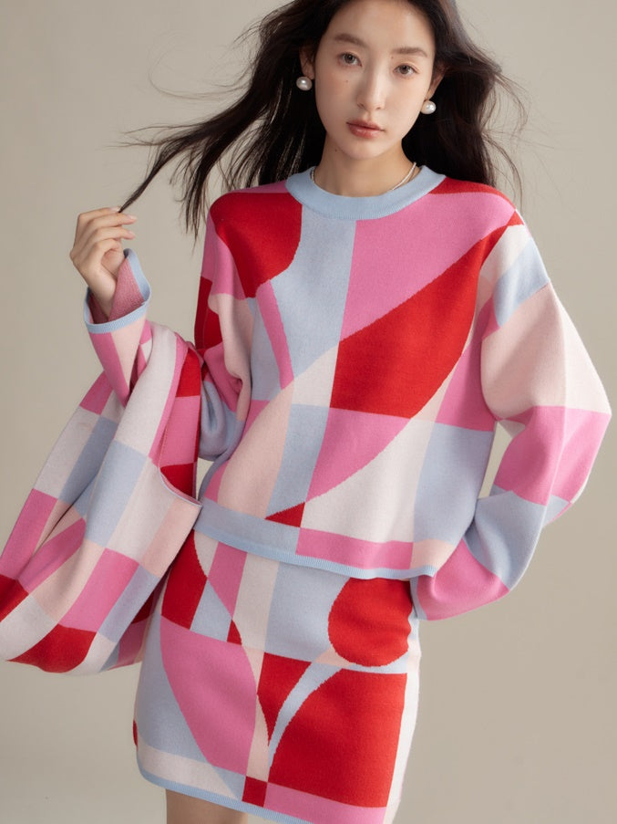 Mosaic Plaid Tulip Stole& Handbag & Knitted Sweater & Skirt