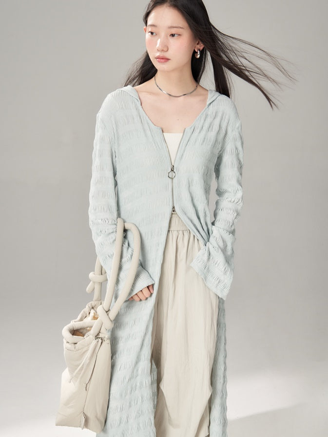 후드 주름이 더블 지퍼 니트 가디건