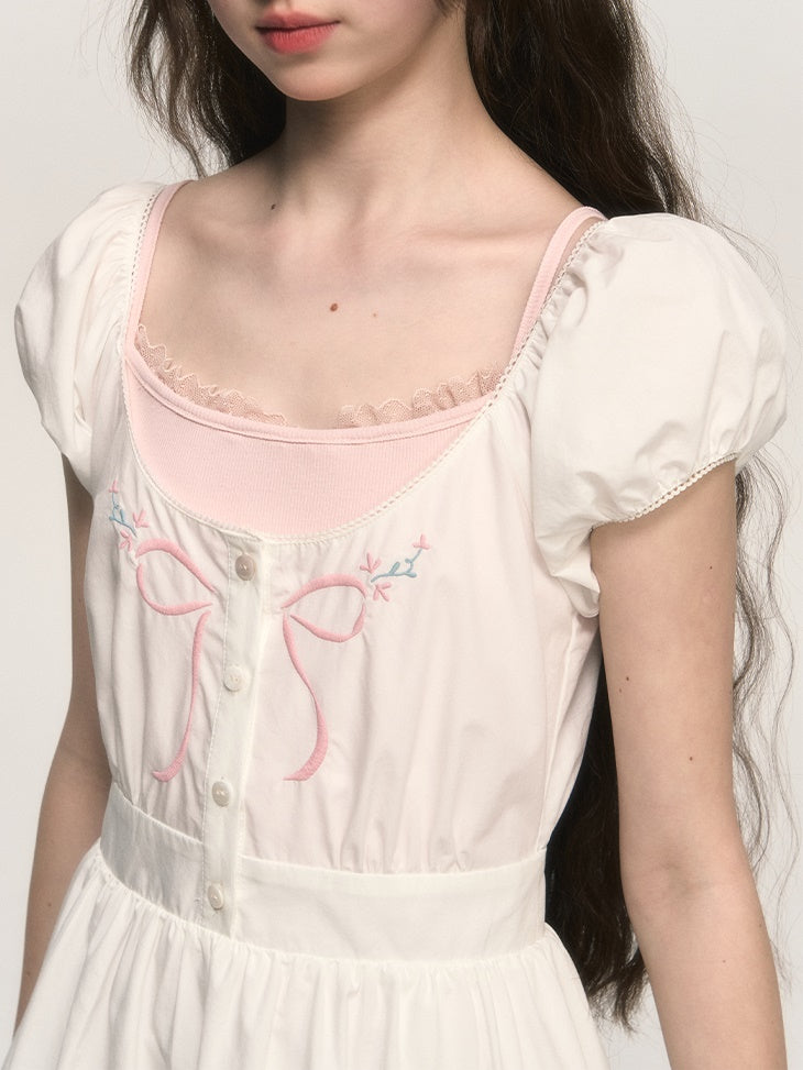 French Retro Bow Embroidery Puff Sleeve A-line One-piece