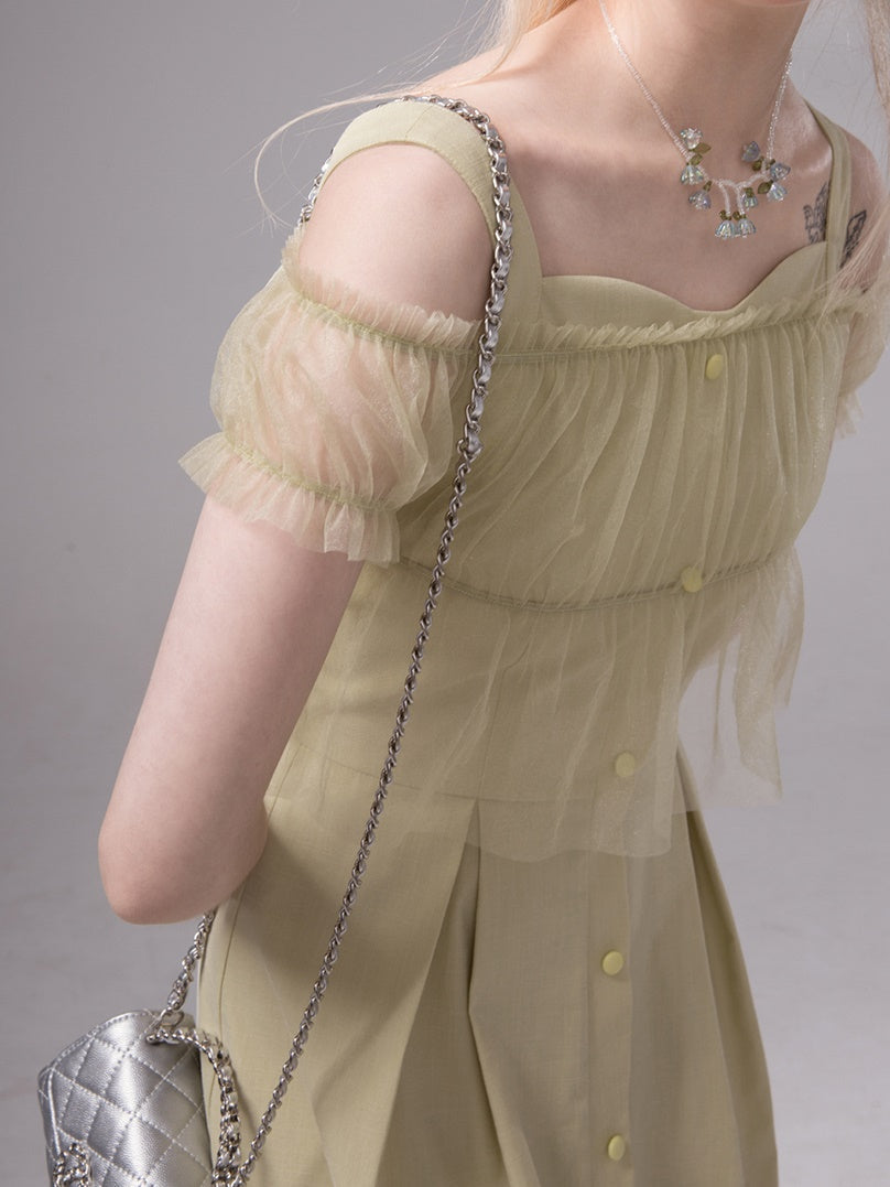 Mesh Sheer Top & Irregular Hem Sundress One-piece Set-up