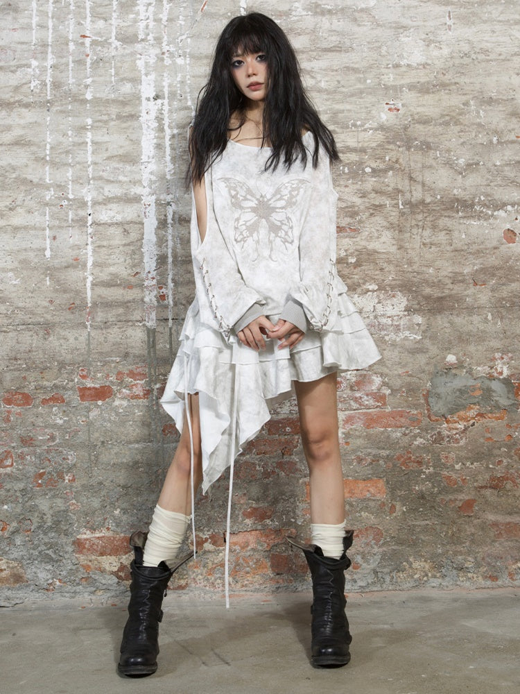 Lose geschnittene Schulter langärmelte T-Shirt