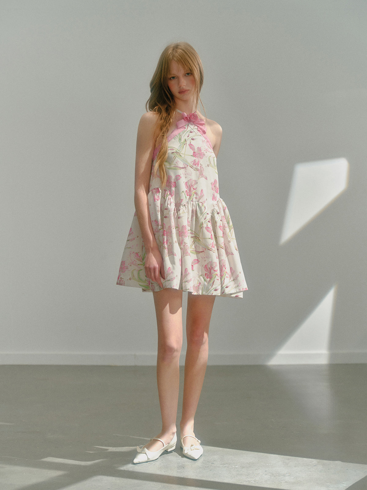 Halter Neck Floral Printed Sweet Bow Puffy Dress