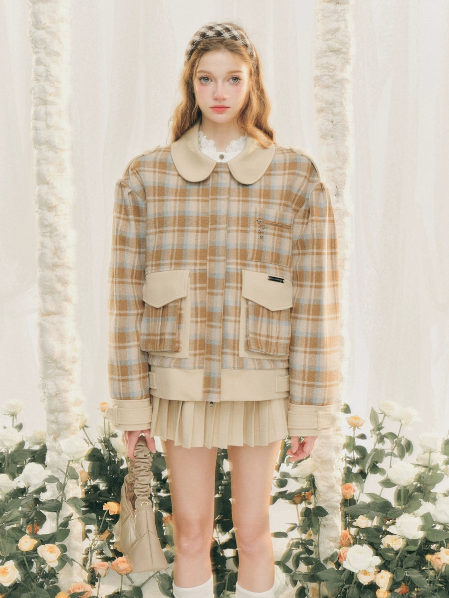 Plaid Round Collar Short Jacket & Mini Pleated Skirt