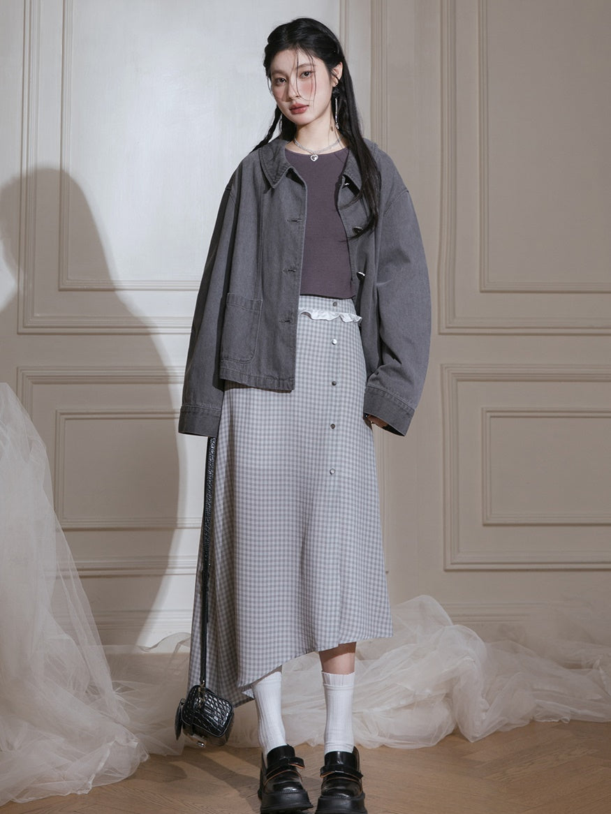 Contrast Color Plaid Shirt & Asymmetry Skirt Set-up