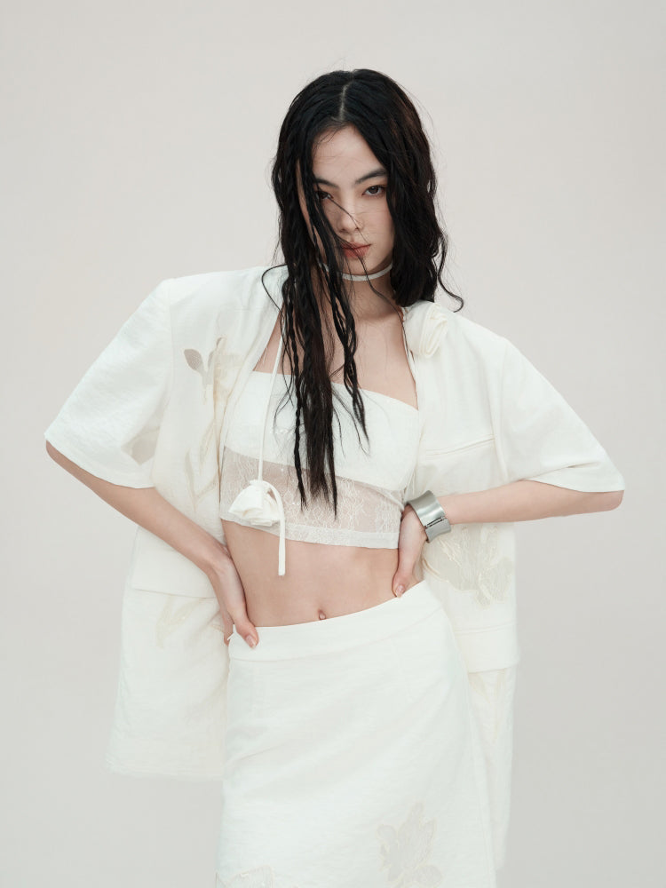 Carved Lace Embroidery Jacket & Camisole & Short Skirt