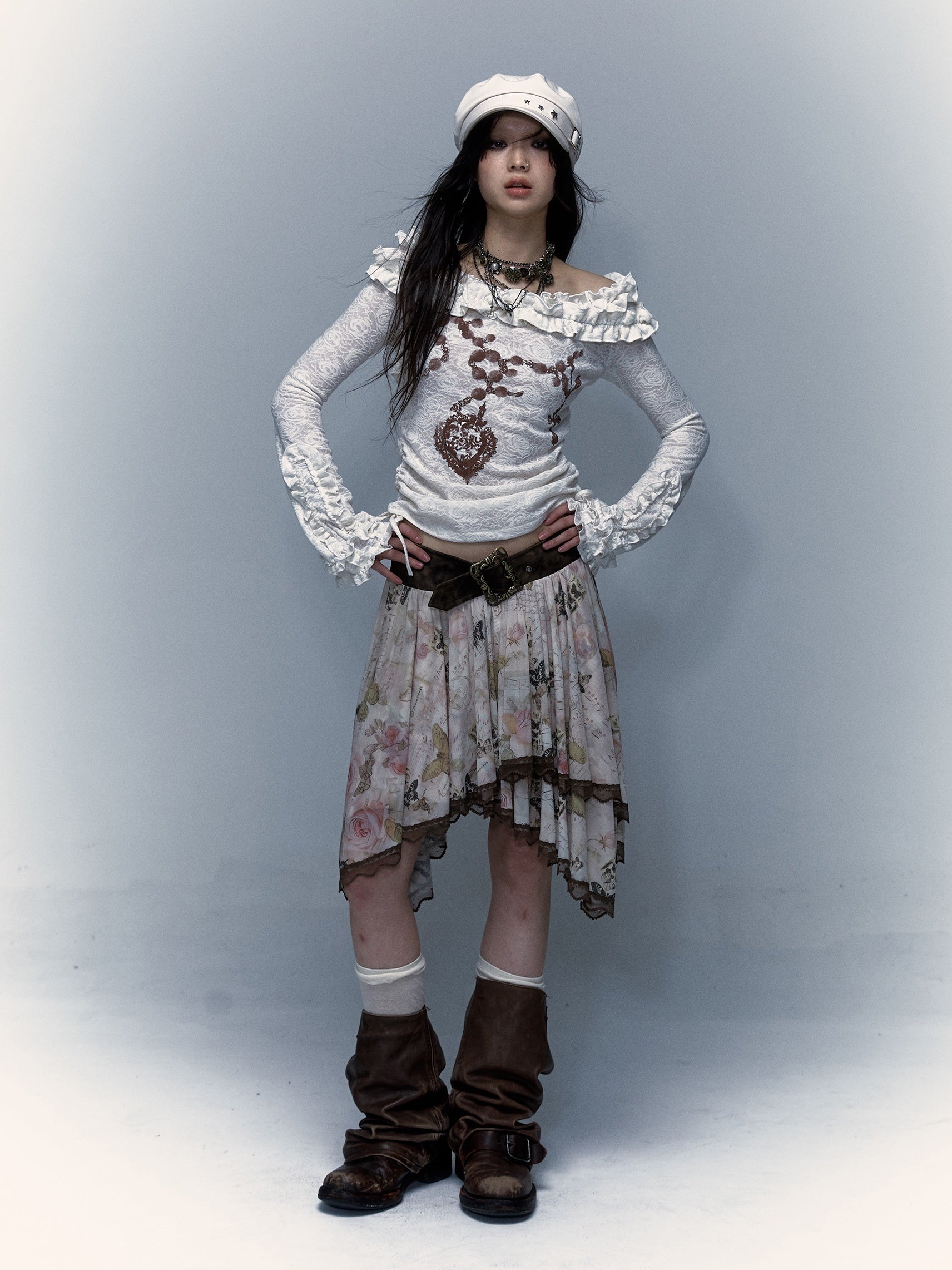 Retro Butterfly Print Splicing Irregular Skirt