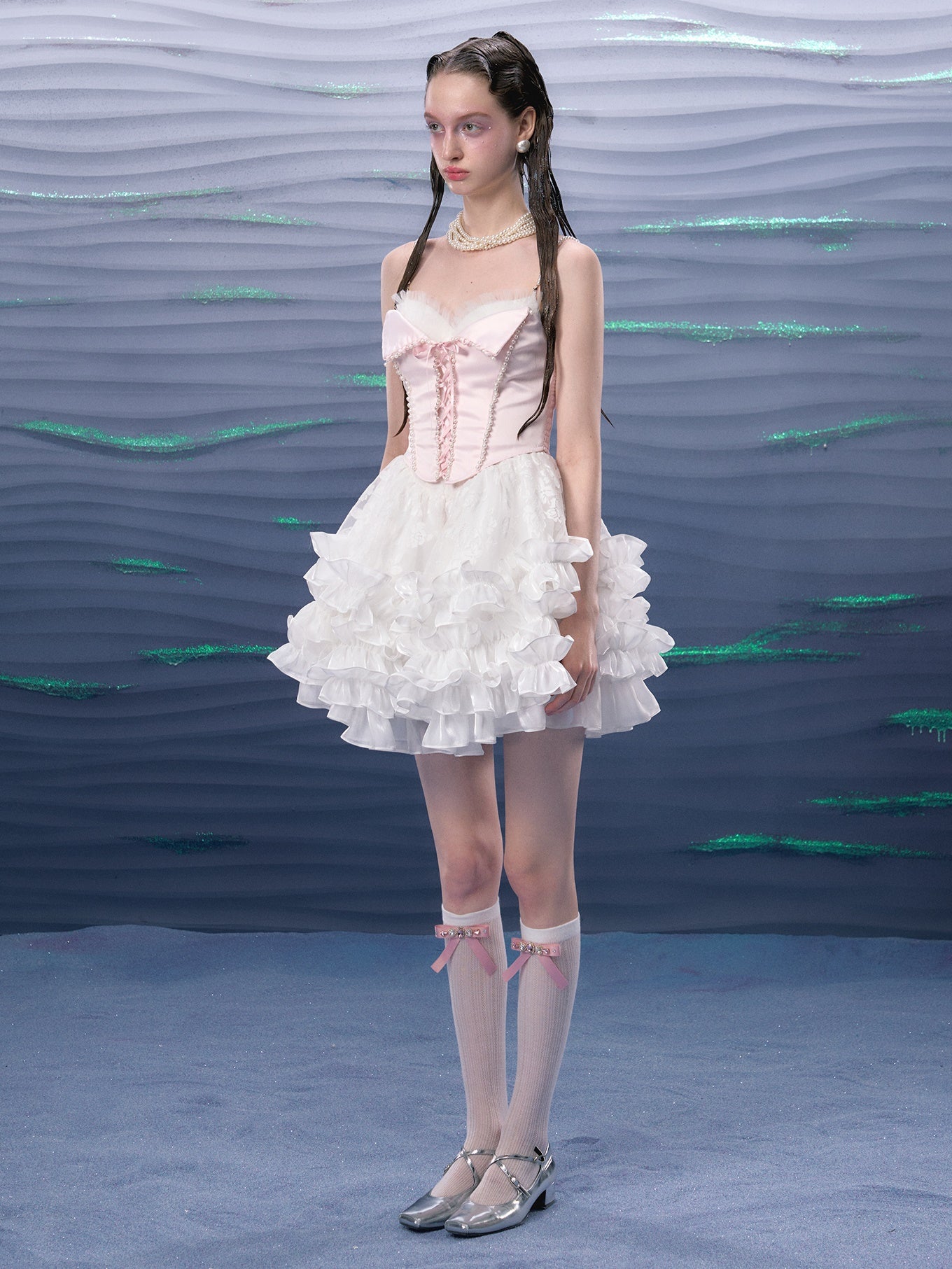 Organza Puffy Suspender Dress & Pearl Corset