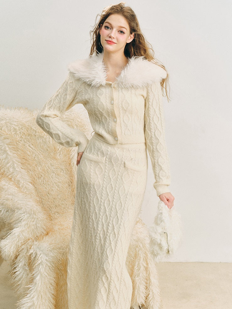 Fur Collar Twist Knitted Cardigan & Long Skirt