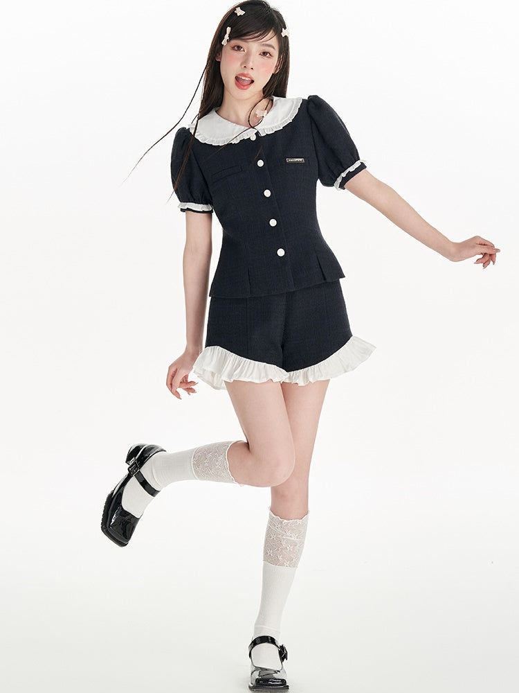 Doll Collar Puff Sleeves Small Fragrance Top & Frill Shorts