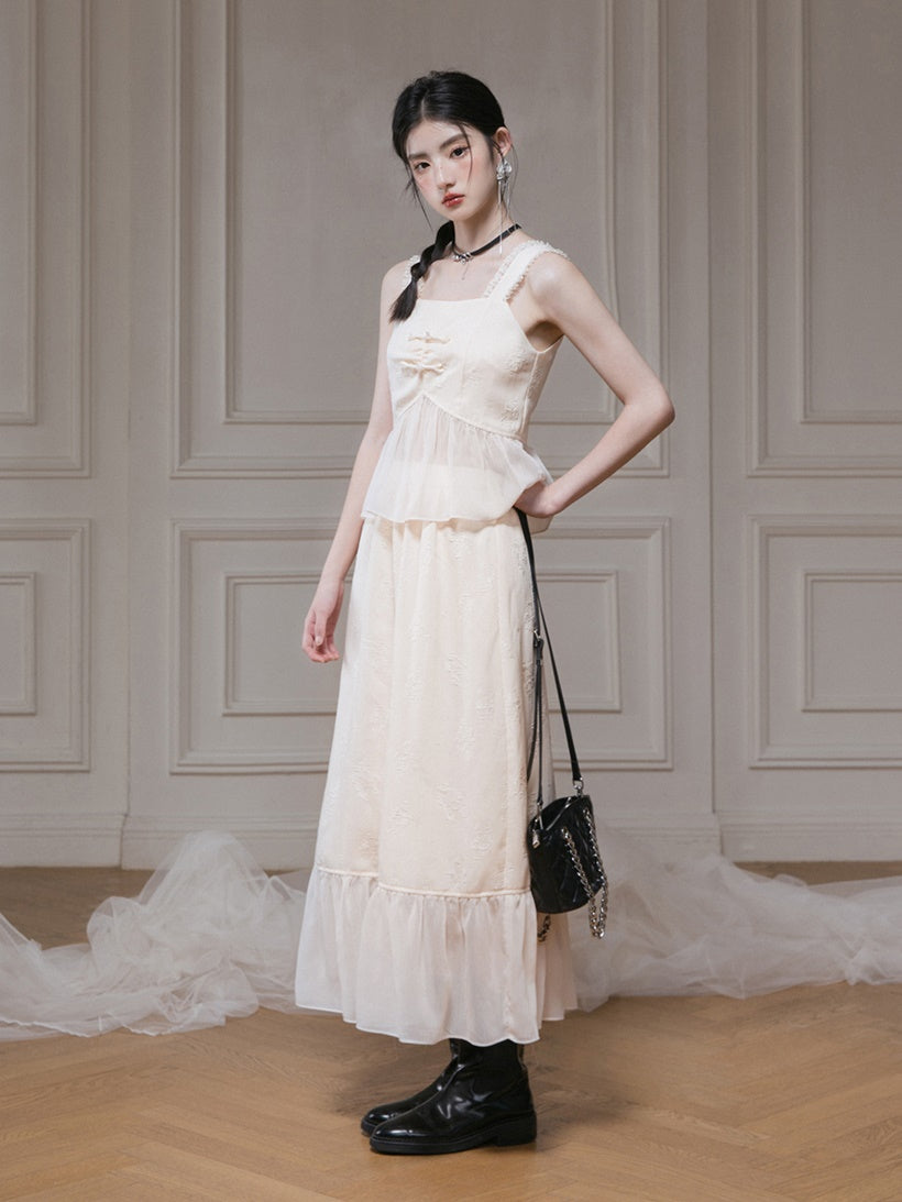 Jacquard Gauze Switching Camisole Top & Ruffle Skirt Set-up