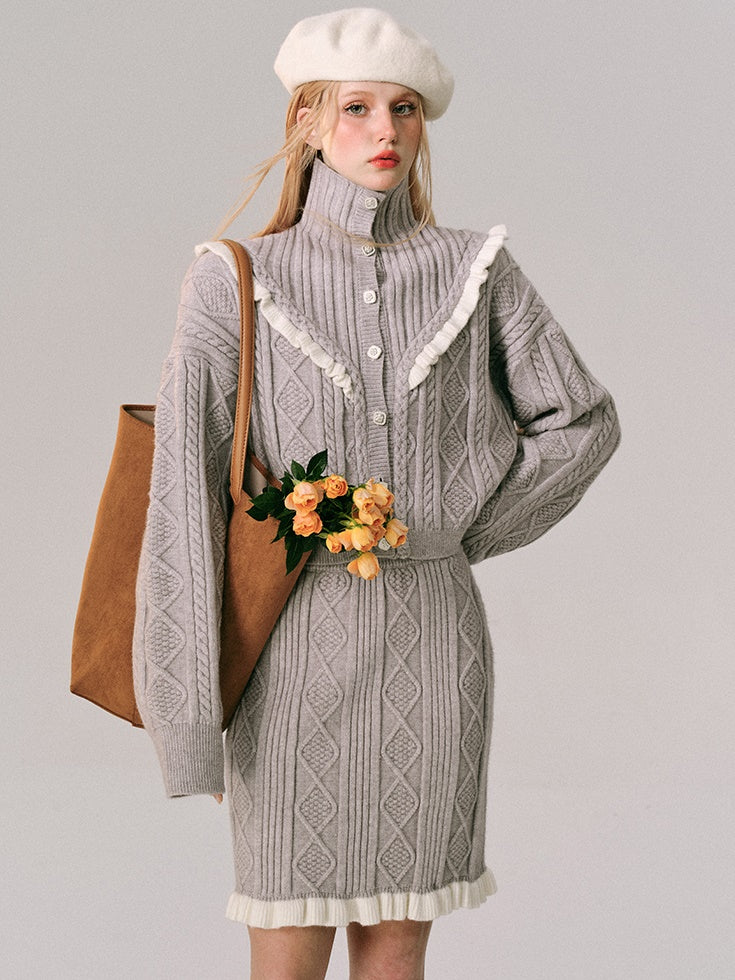 Hoher Hals gehäkelt Holzohr Strickjacke & Rock