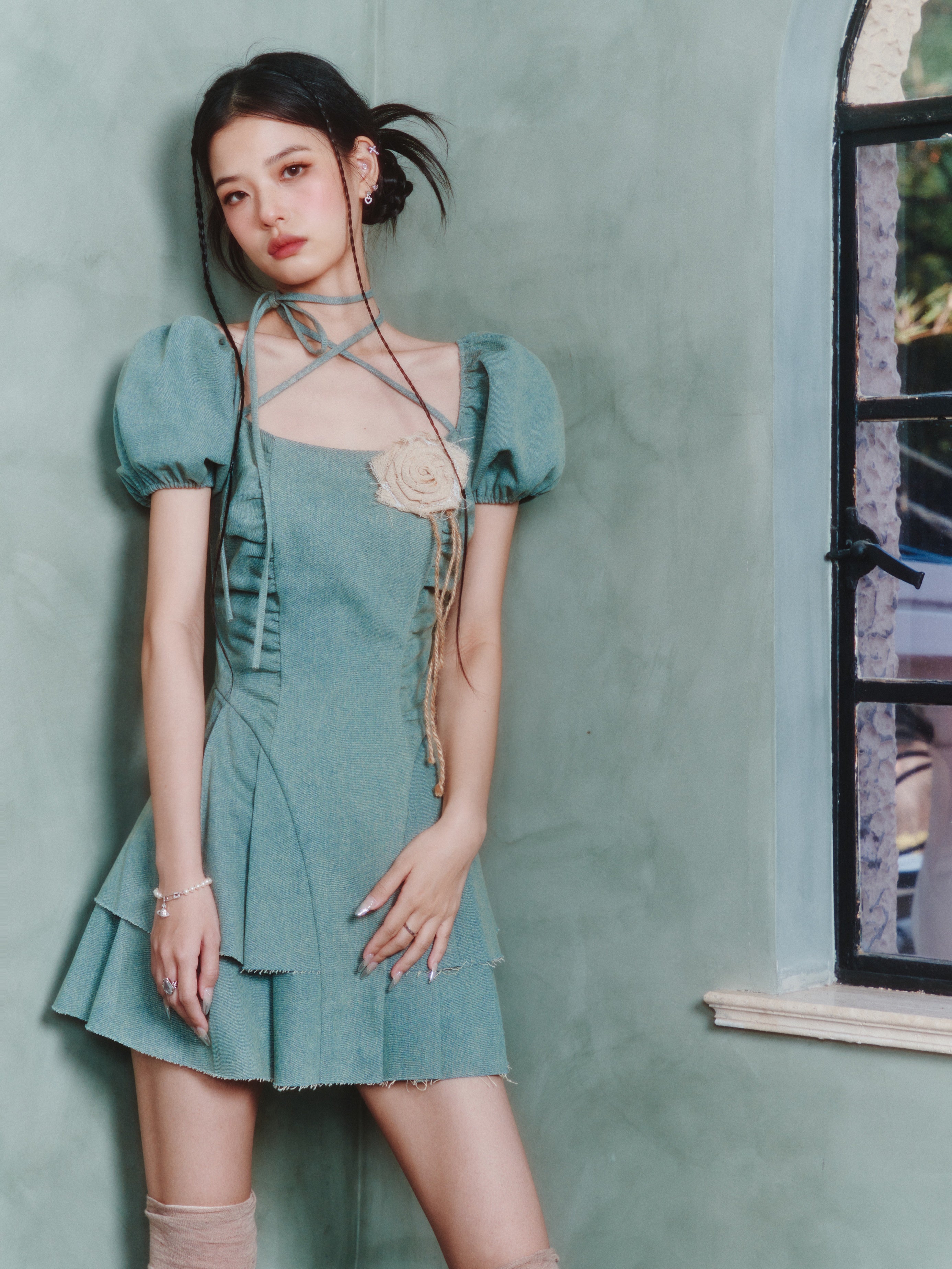 Lace-up Pleated Puff Sleeve Denim Dress